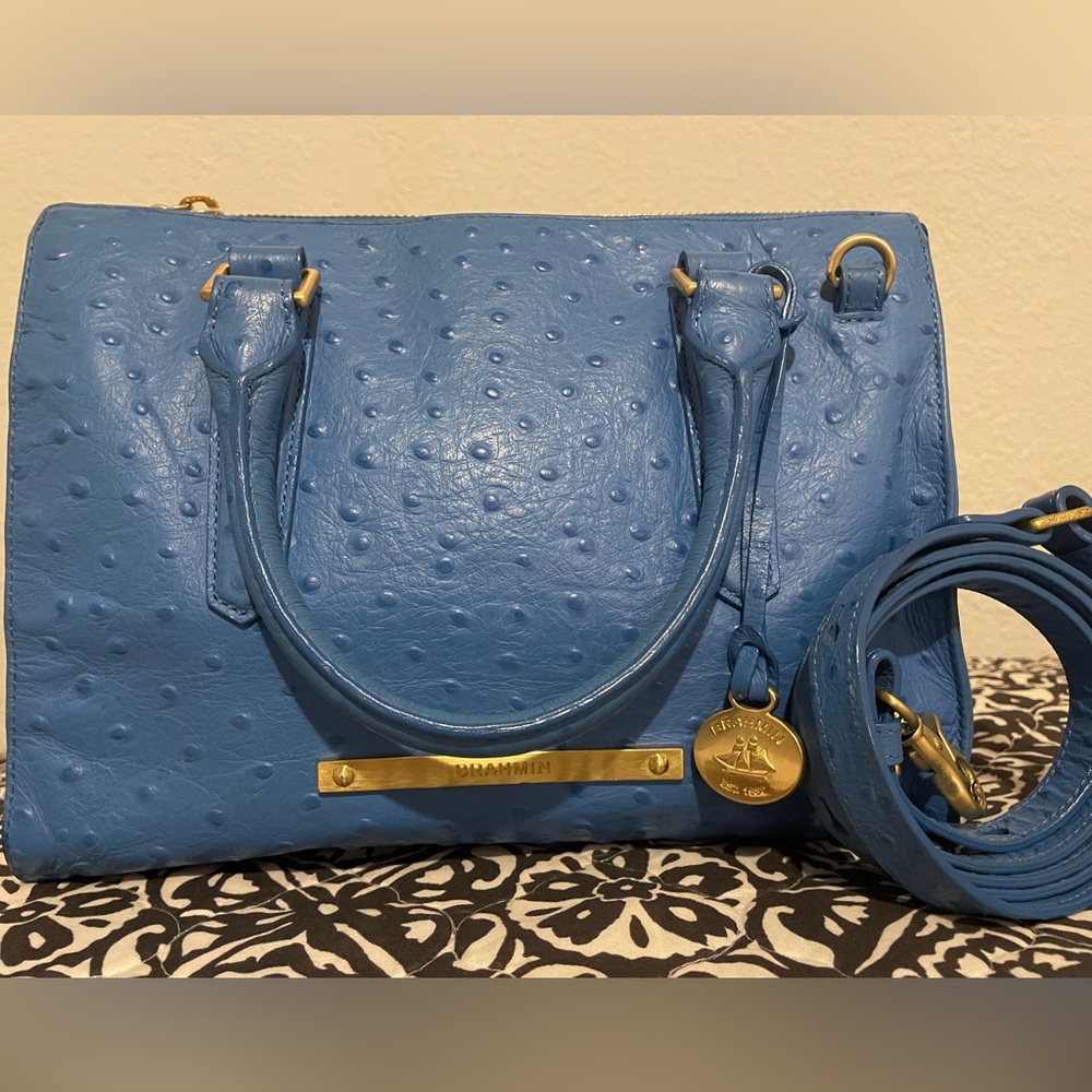 BRAHMIN Anywhere Convertible Ostrich Embossed Leather Satchel Blue